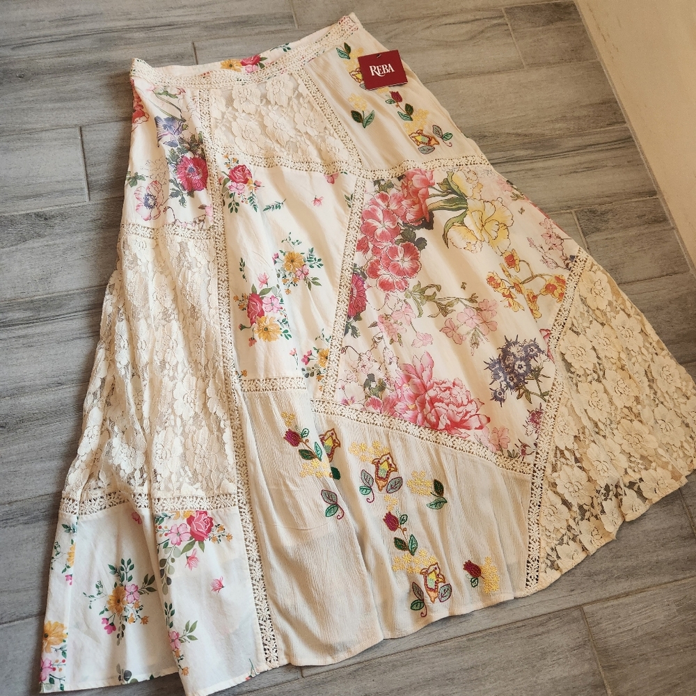 Reba Maxi Skirt 6 Cream Floral Cotton Lacey Lace Crochet A-Line Long New $180 - Picture 6 of 16